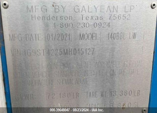 2021 GALYEAN EQUIP CO INC --- VIN: 1G9ST4225MH015127