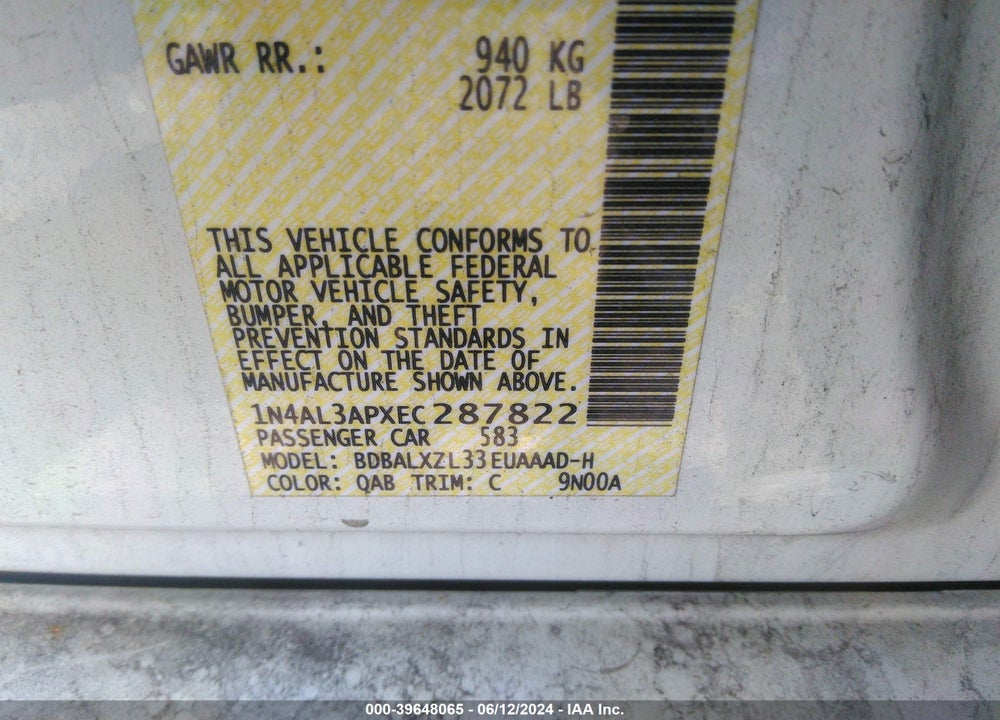 2014 NISSAN ALTIMA 2.5 SL VIN: 1N4AL3APXEC287822