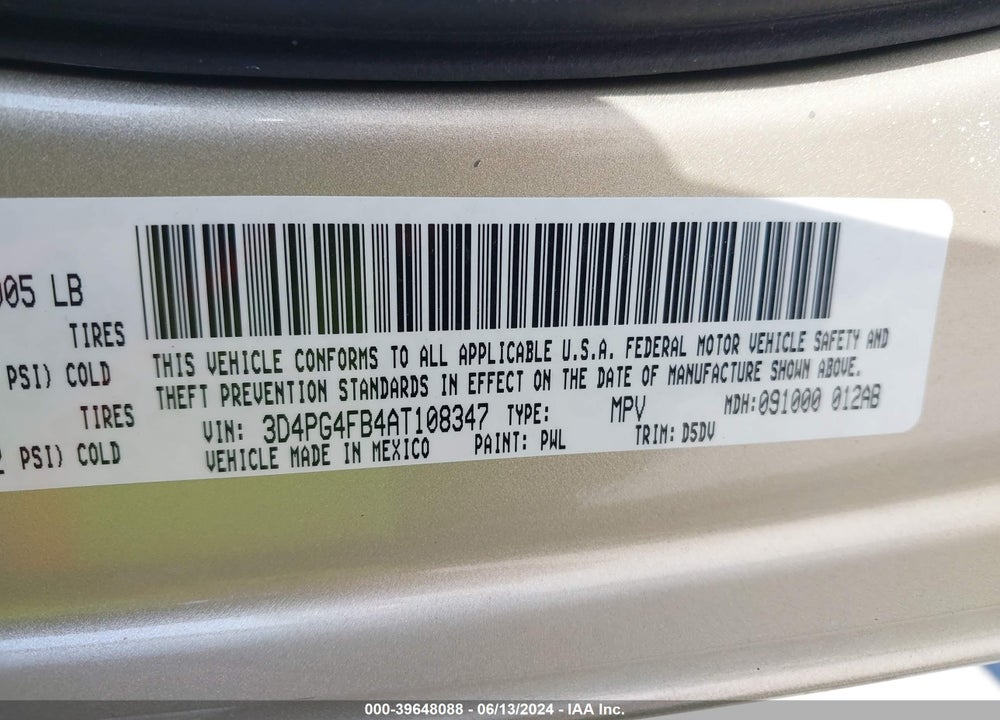 2010 DODGE JOURNEY SE VIN: 3D4PG4FB4AT108347