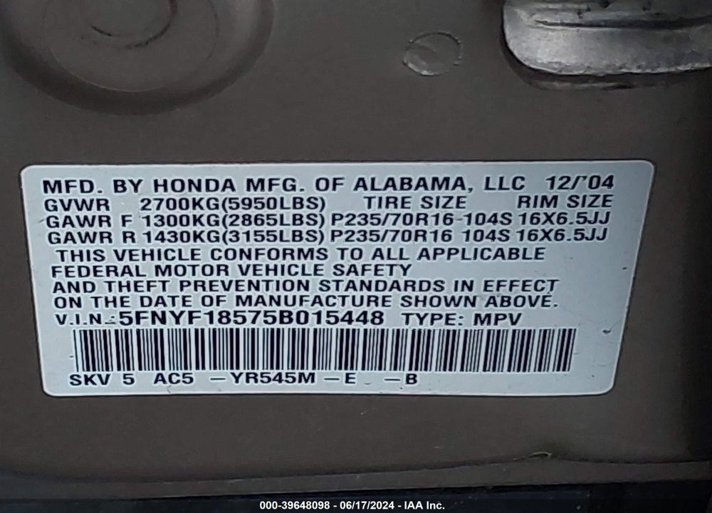 2005 HONDA PILOT EX-L VIN: 5FNYF18575B015448