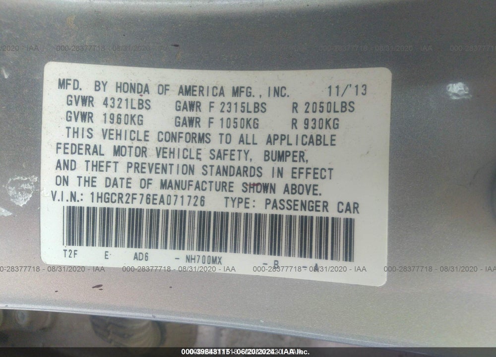 2014 HONDA ACCORD EX VIN: 1HGCR2F76EA071726