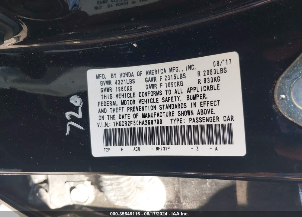 2017 HONDA ACCORD SPORT VIN: 1HGCR2F50HA269799