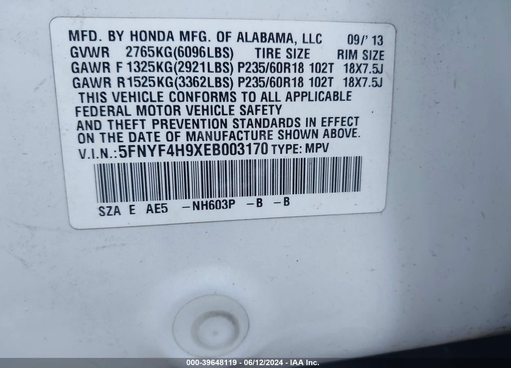 2014 HONDA PILOT TOURING VIN: 5FNYF4H9XEB003170