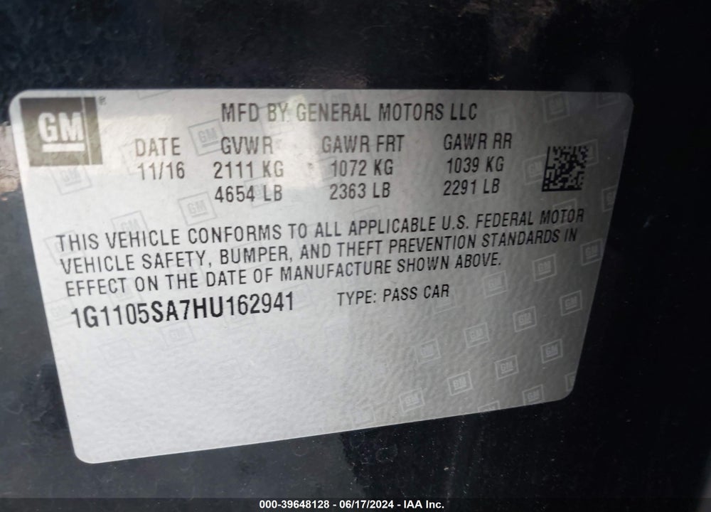 2017 CHEVROLET IMPALA 1LT VIN: 1G1105SA7HU162941