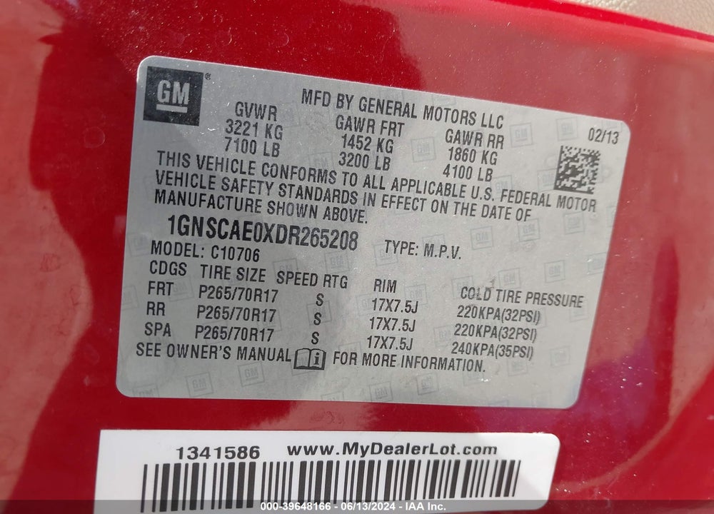 2013 CHEVROLET TAHOE LS VIN: 1GNSCAE0XDR265208