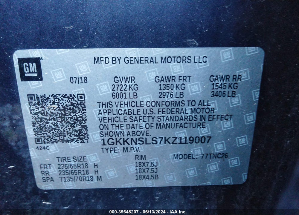 2019 GMC ACADIA SLE-2 VIN: 1GKKNSLS7KZ119007