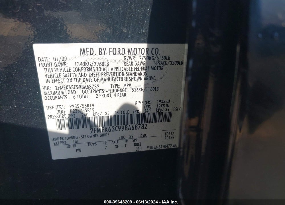 2009 FORD FLEX LIMITED VIN: 2FMEK63C99BA68782