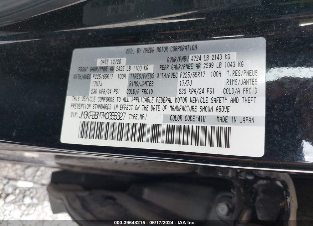2021 MAZDA CX-5 SPORT VIN: JM3KFBBM7M0355327