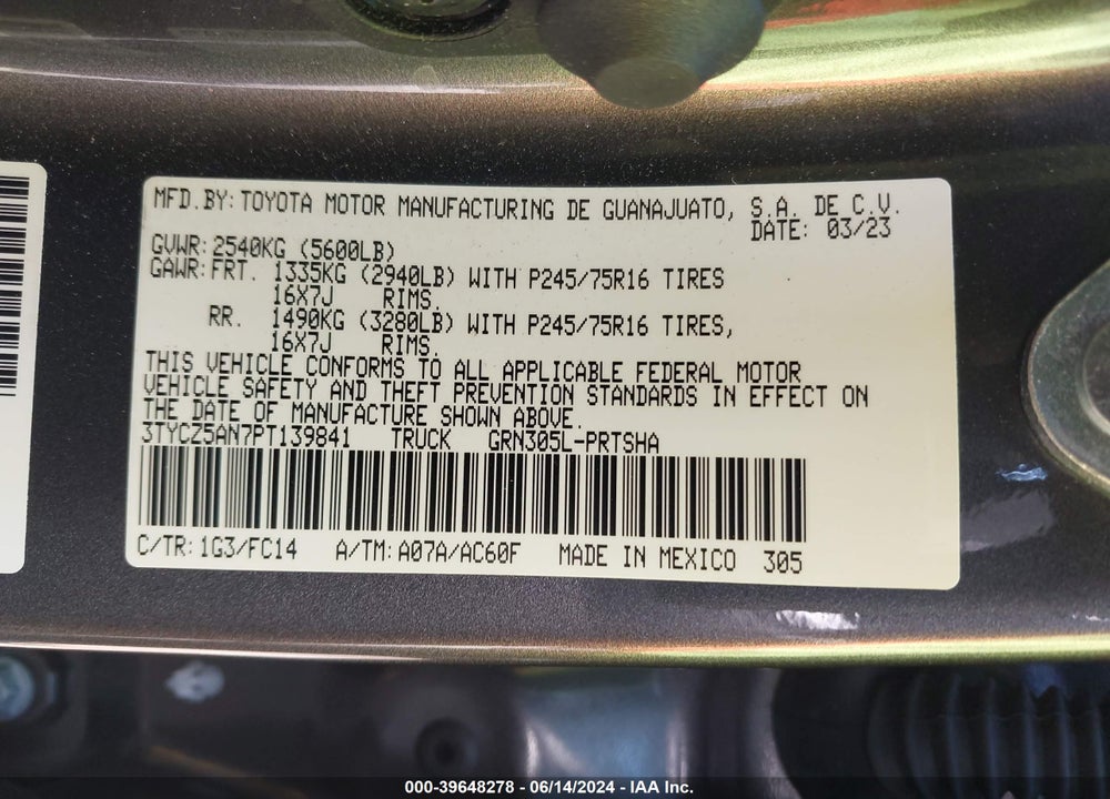 2023 TOYOTA TACOMA SR5 V6 VIN: 3TYCZ5AN7PT139841