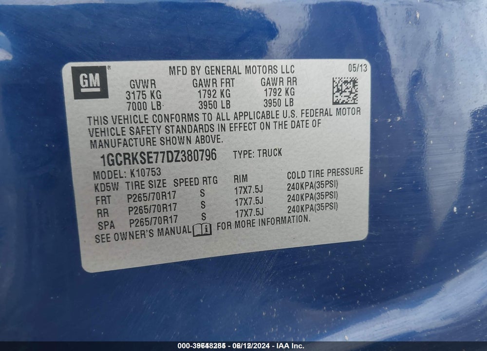 2013 CHEVROLET SILVERADO 1500 LT VIN: 1GCRKSE77DZ380796