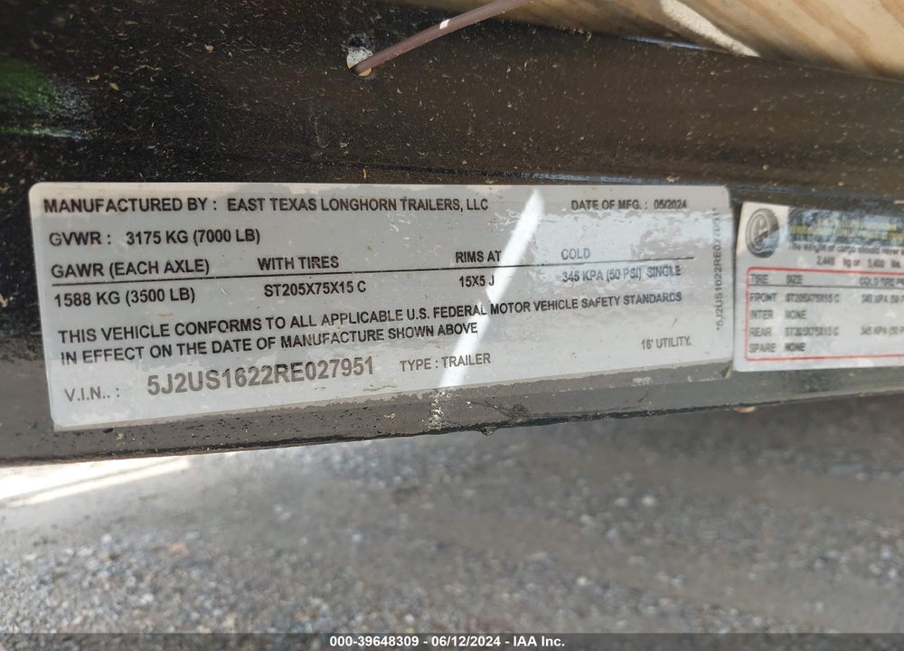2024 UTILITY TRAILER MFG OTHER VIN: 5J2US1622RE027951