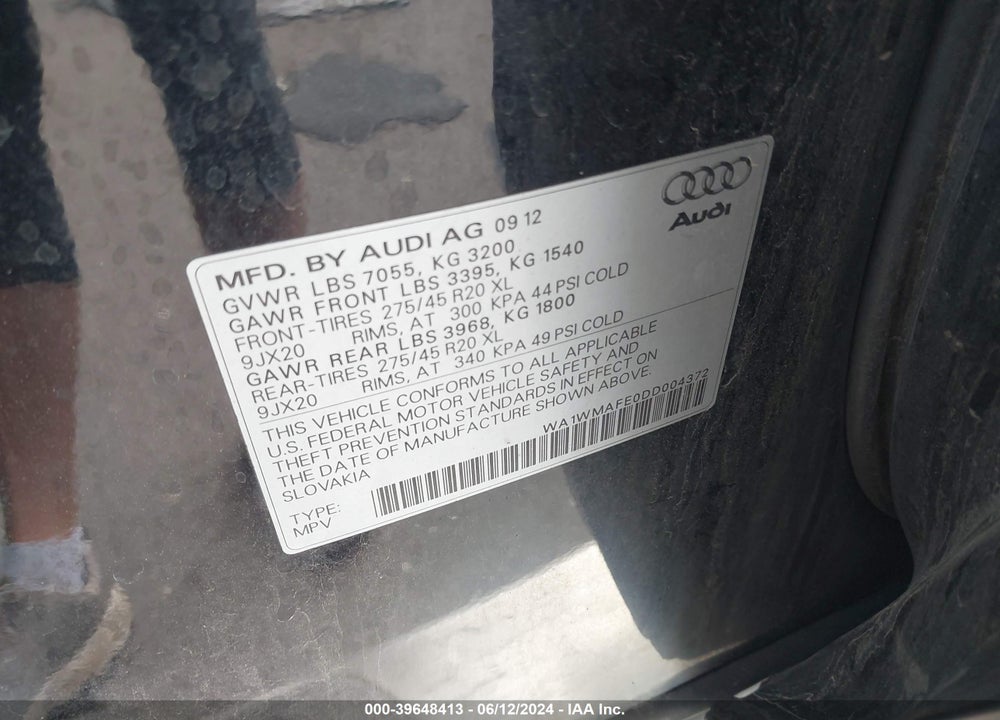 2013 AUDI Q7 3.0 TDI PREMIUM VIN: WA1WMAFE0DD004372
