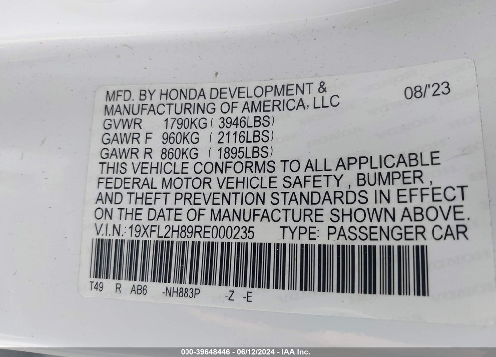 2024 HONDA CIVIC SPORT VIN: 19XFL2H89RE000235