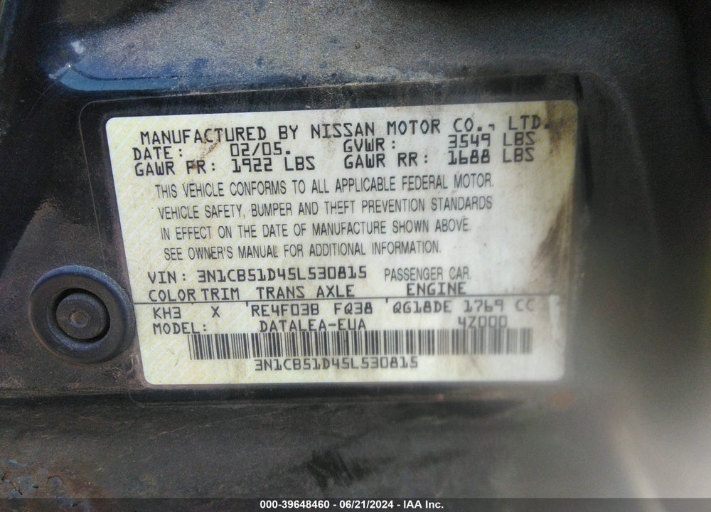 2005 NISSAN SENTRA 1.8S VIN: 3N1CB51D45L530815