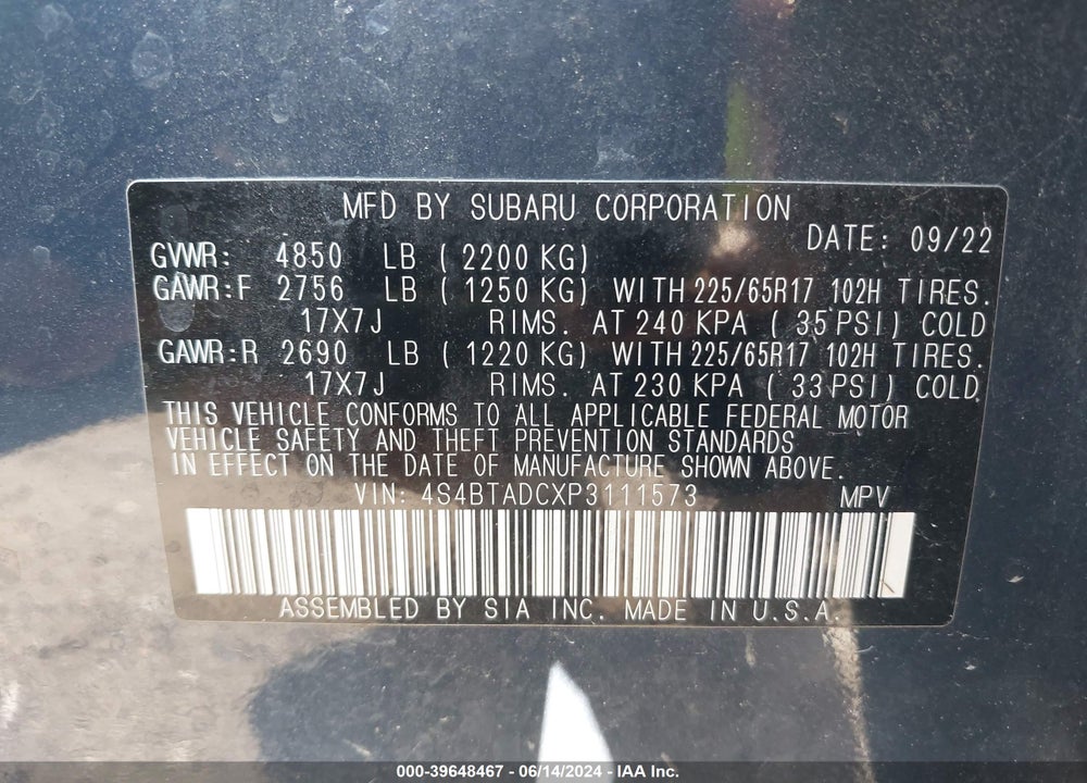 2023 SUBARU OUTBACK VIN: 4S4BTADCXP3111573