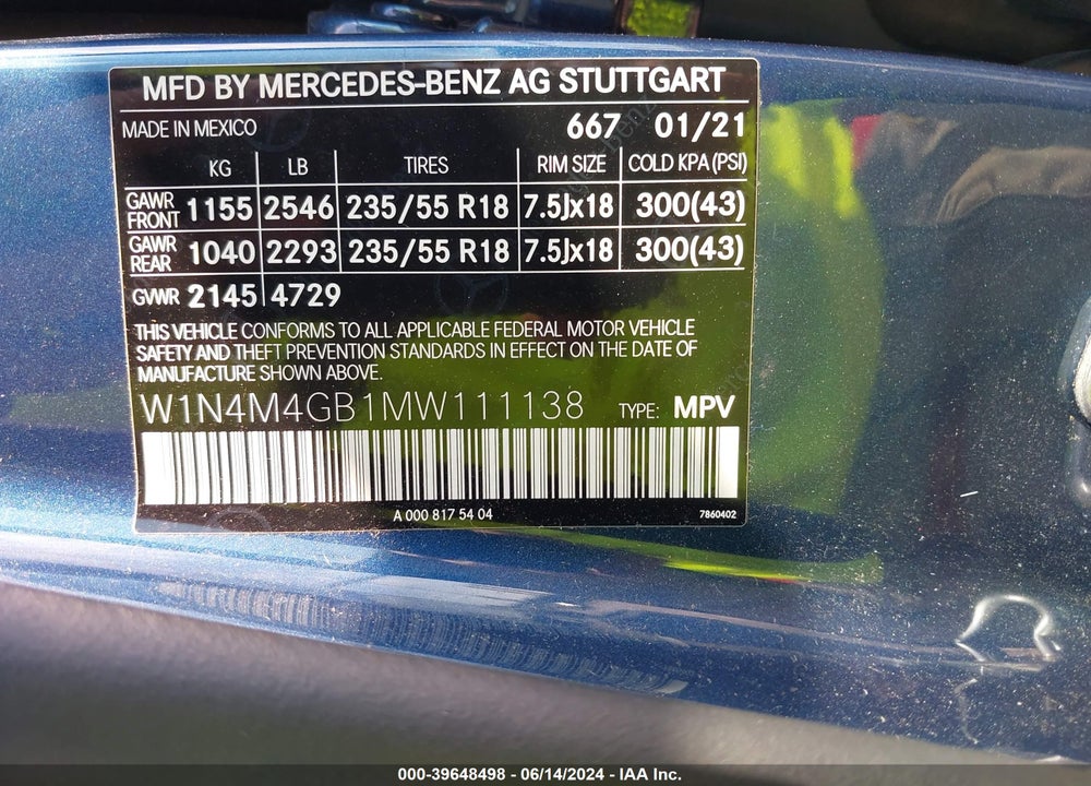 2021 MERCEDES-BENZ GLB 250 VIN: W1N4M4GB1MW111138