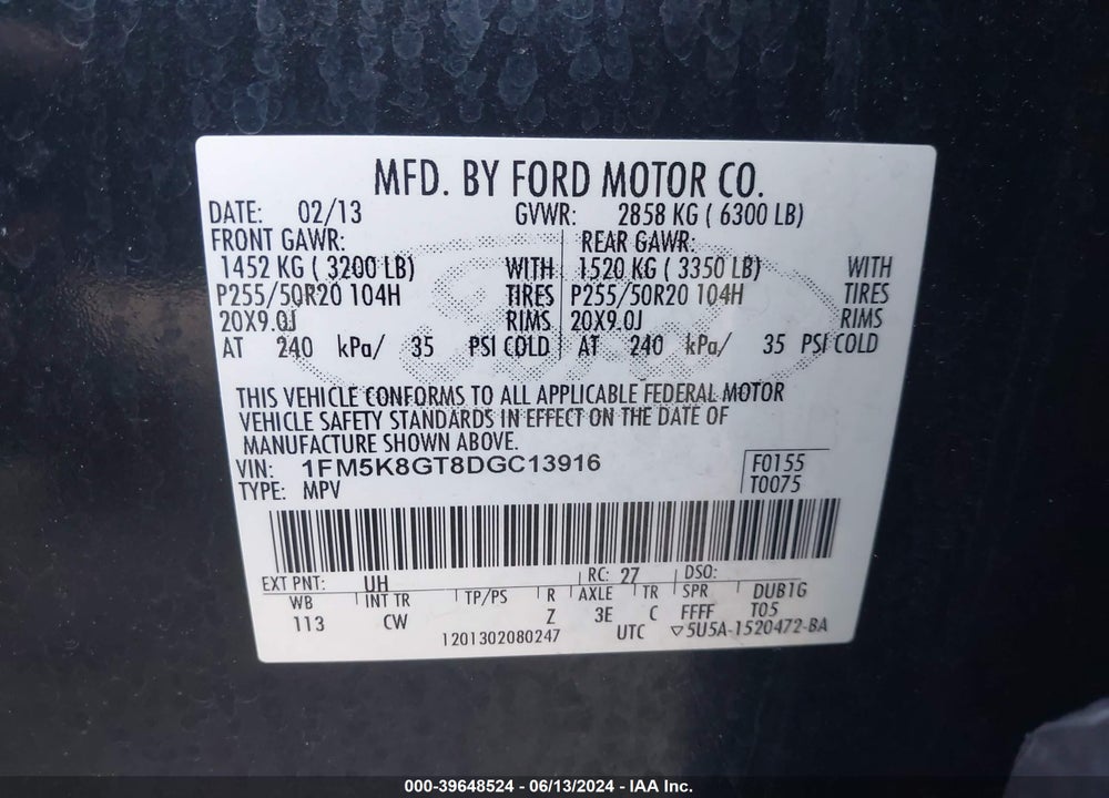 2013 FORD EXPLORER SPORT VIN: 1FM5K8GT8DGC13916