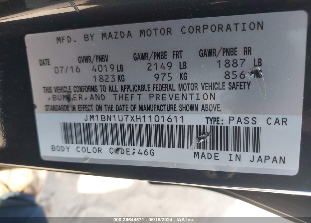 2017 MAZDA 3 SPORT VIN: JM1BN1U7XH1101611