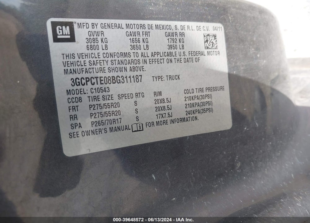 2011 CHEVROLET SILVERADO 1500 LTZ VIN: 3GCPCTE08BG311187