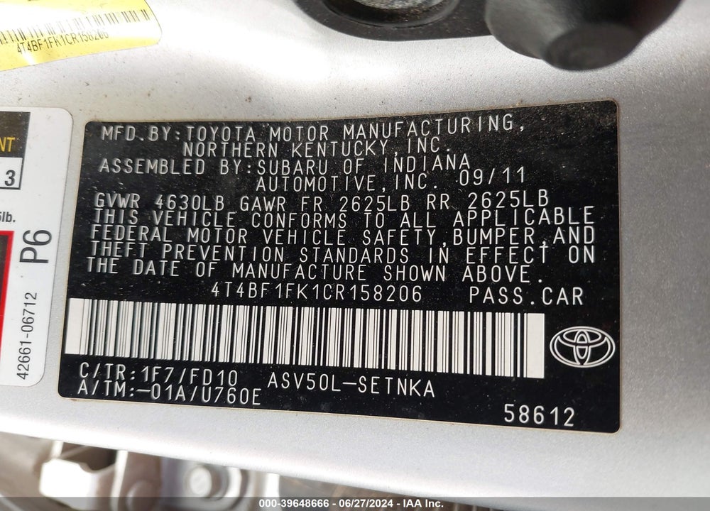 2012 TOYOTA CAMRY LE VIN: 4T4BF1FK1CR158206