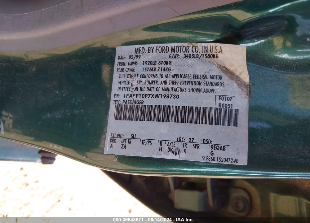 1999 FORD ESCORT LX VIN: 1FAFP10P7XW198730