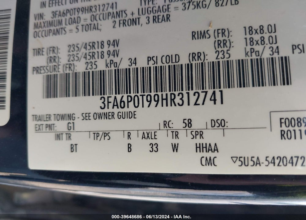 2017 FORD FUSION SE VIN: 3FA6P0T99HR312741