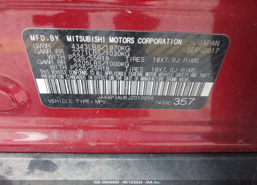 2018 MITSUBISHI OUTLANDER SPORT 2.0 ES VIN: JA4AP3AU6JZ010056