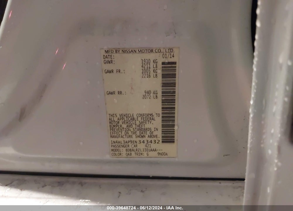 2014 NISSAN ALTIMA 2.5 S VIN: 1N4AL3AP9EN343432