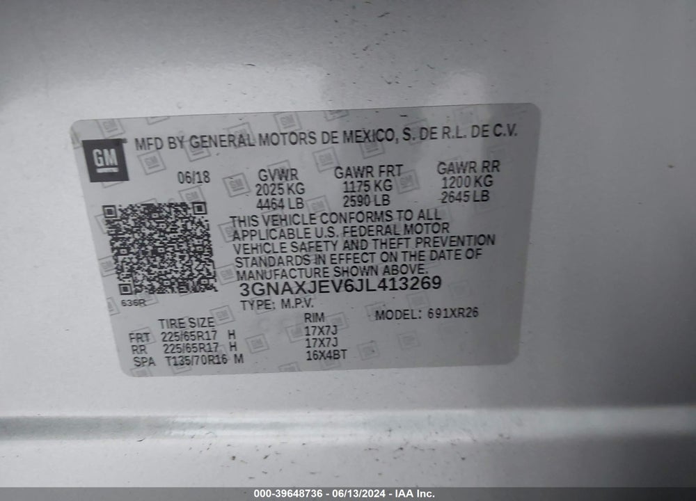 2018 CHEVROLET EQUINOX LT VIN: 3GNAXJEV6JL413269