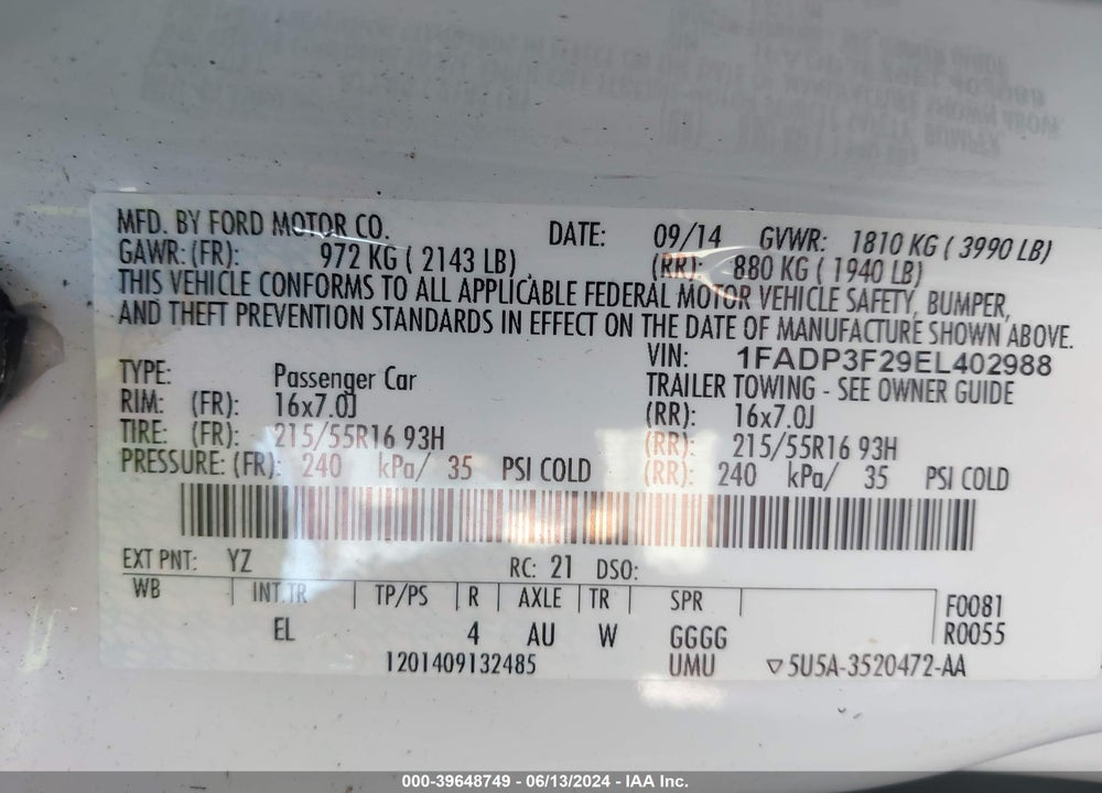 2014 FORD FOCUS SE VIN: 1FADP3F29EL402988