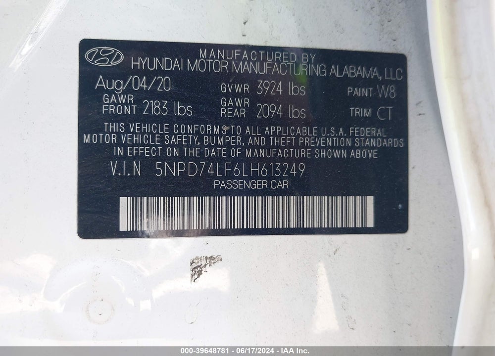 2020 HYUNDAI ELANTRA SE VIN: 5NPD74LF6LH613249
