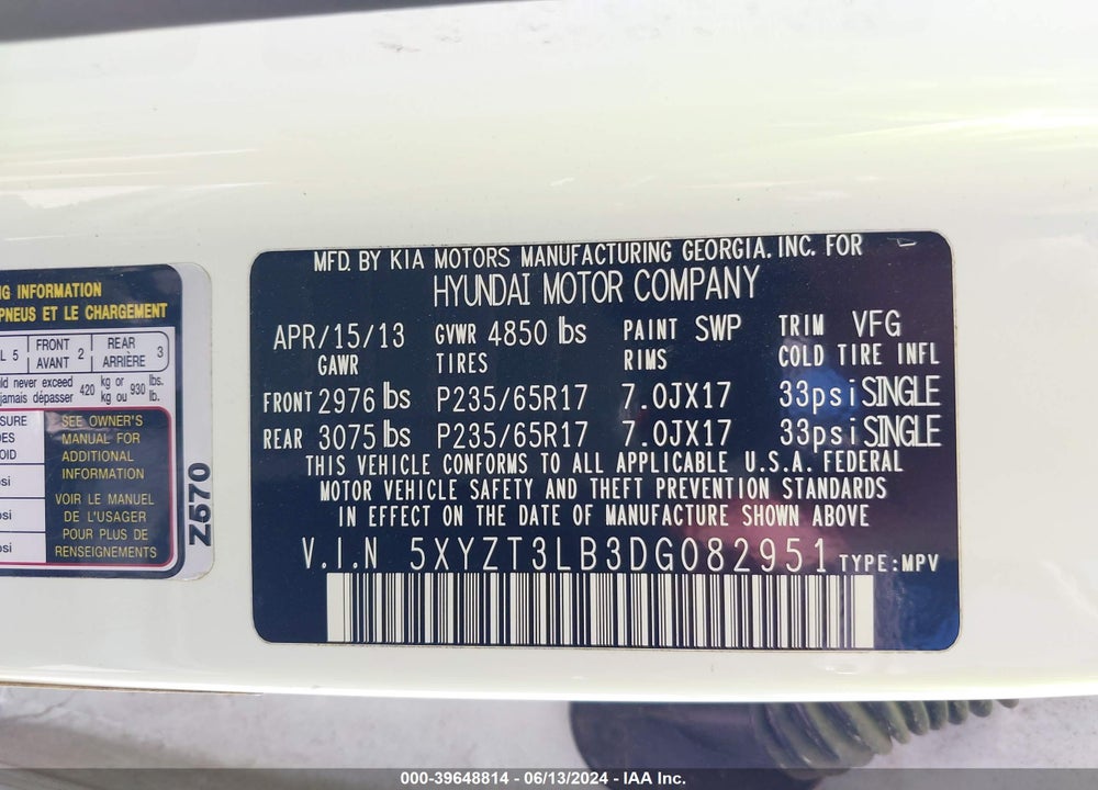 2013 HYUNDAI SANTA FE SPORT VIN: 5XYZT3LB3DG082951