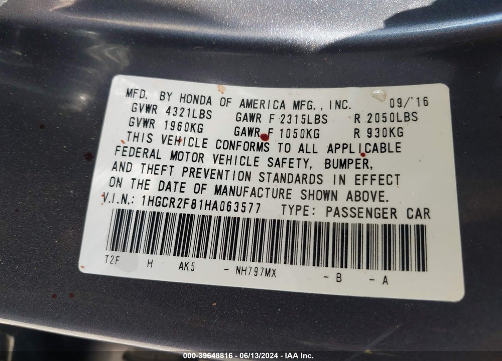 2017 HONDA ACCORD EX-L VIN: 1HGCR2F81HA063577