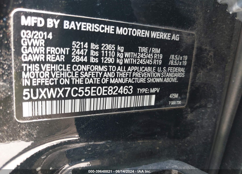 2014 BMW X3 XDRIVE35I VIN: 5UXWX7C55E0E82463