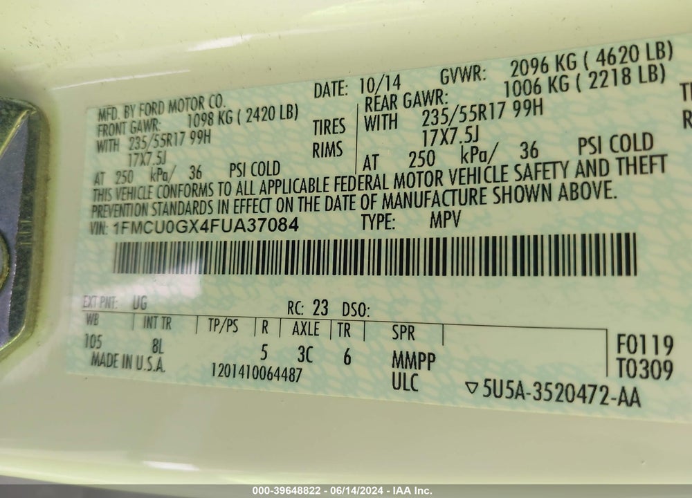 2015 FORD ESCAPE SE VIN: 1FMCU0GX4FUA37084