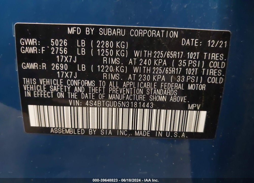 2022 SUBARU OUTBACK WILDERNESS VIN: 4S4BTGUD5N3181443