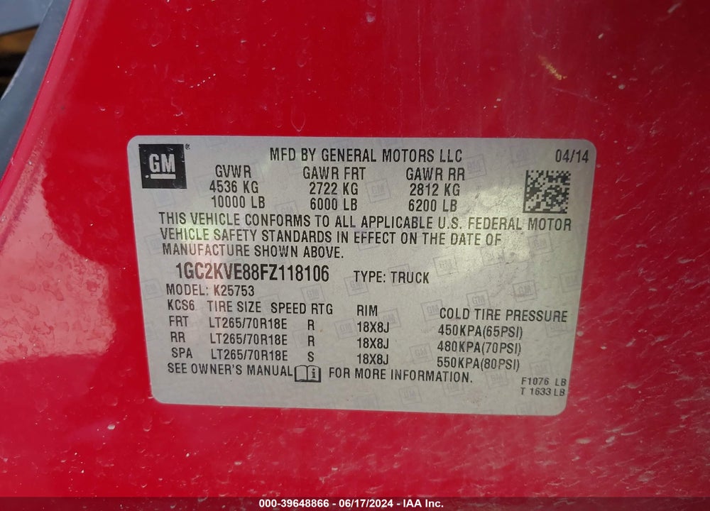 2015 CHEVROLET SILVERADO 2500HD LT VIN: 1GC2KVE88FZ118106