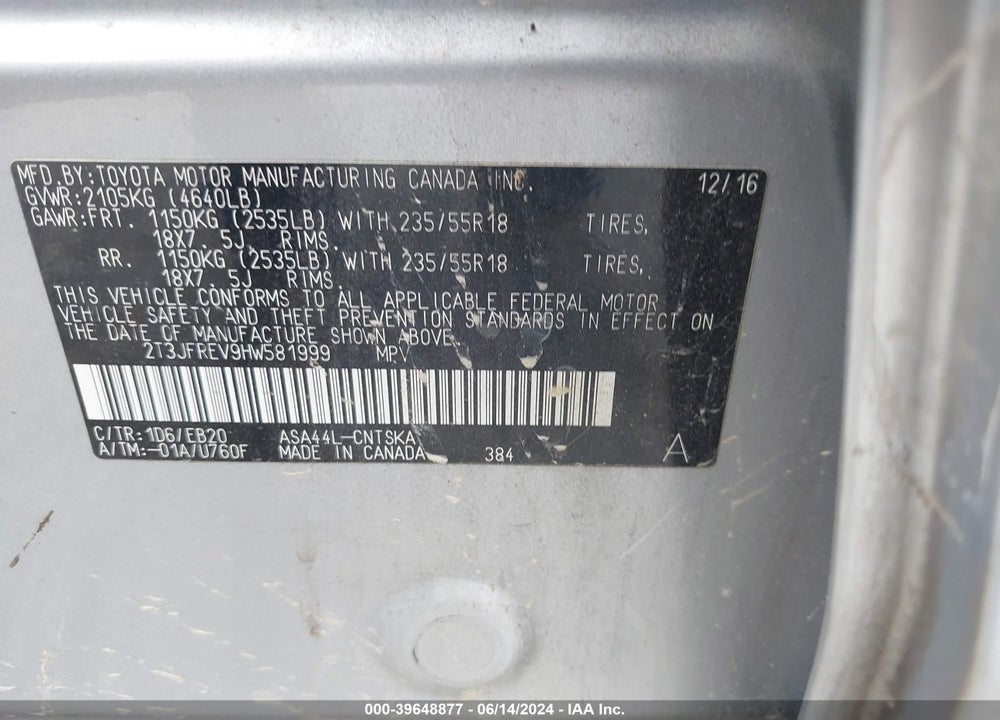 2017 TOYOTA RAV4 SE VIN: 2T3JFREV9HW581999