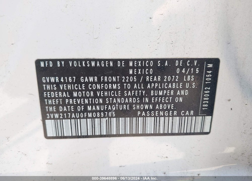 2015 VOLKSWAGEN GOLF TSI S 4-DOOR VIN: 3VW217AU0FM089765