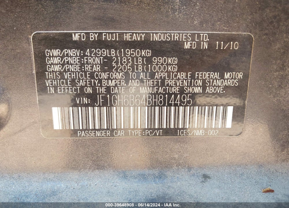 2011 SUBARU IMPREZA 2.5I PREMIUM VIN: JF1GH6B64BH814495