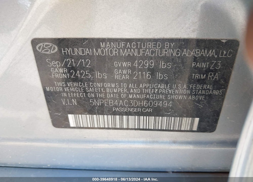 2013 HYUNDAI SONATA GLS VIN: 5NPEB4AC3DH609494