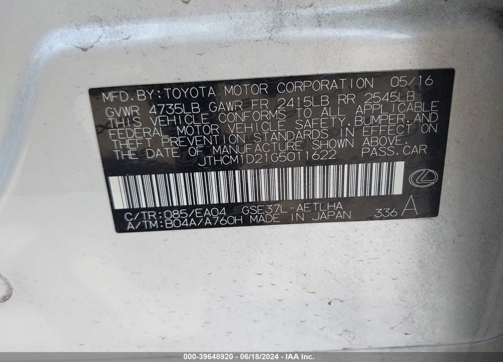 2016 LEXUS IS 300 VIN: JTHCM1D21G5011622