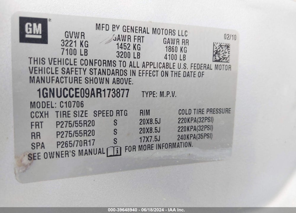 2010 CHEVROLET TAHOE VIN: 1GNUCCE09AR173877