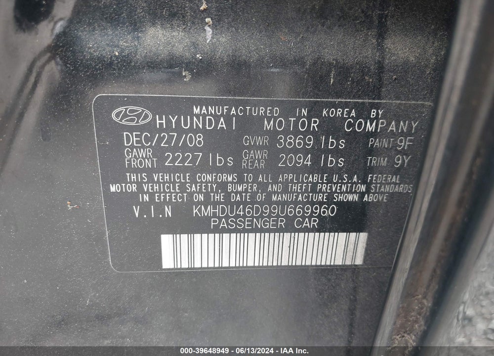2009 HYUNDAI ELANTRA GLS VIN: KMHDU46D99U669960