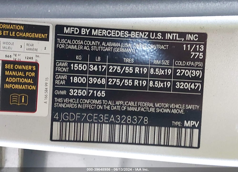 2014 MERCEDES-BENZ GL 450 4MATIC VIN: 4JGDF7CE3EA328378