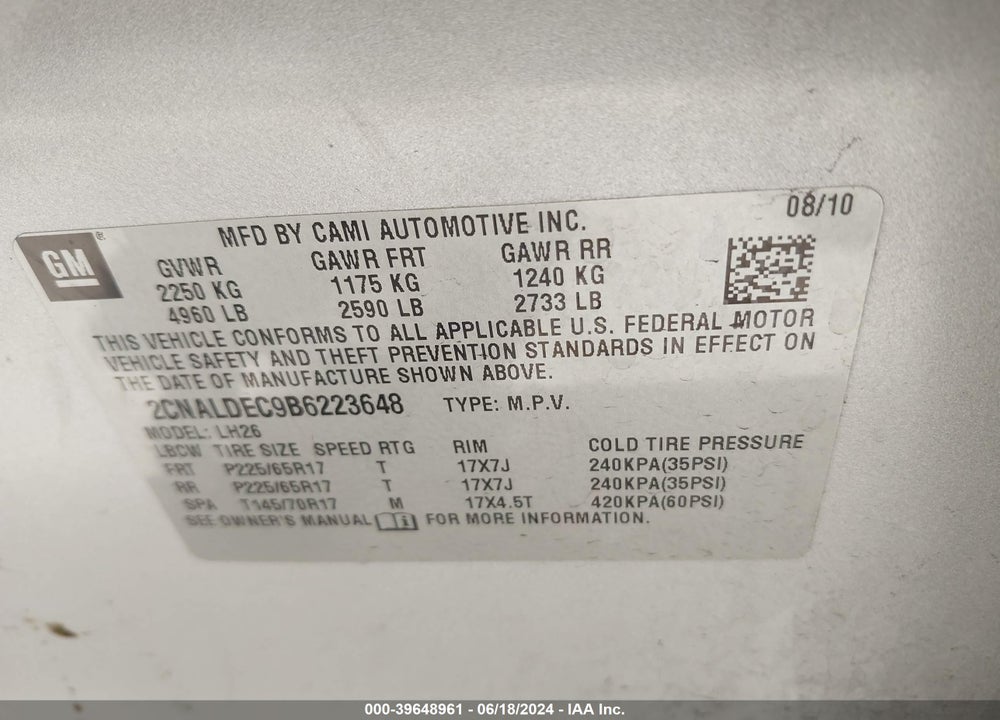 2011 CHEVROLET EQUINOX 1LT VIN: 2CNALDEC9B6223648