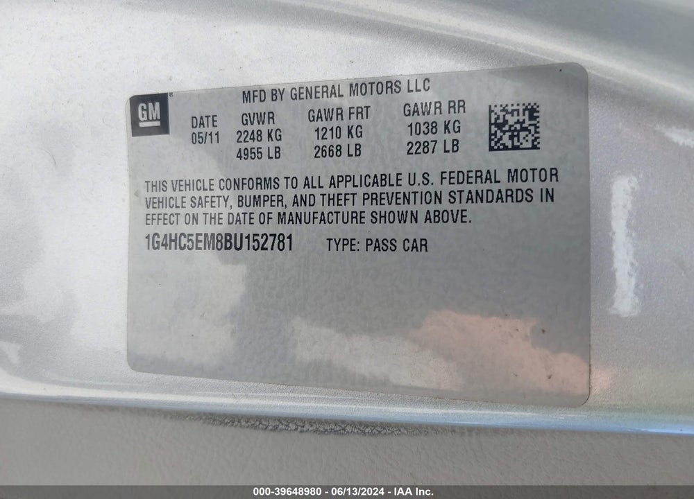 2011 BUICK LUCERNE CXL VIN: 1G4HC5EM8BU152781