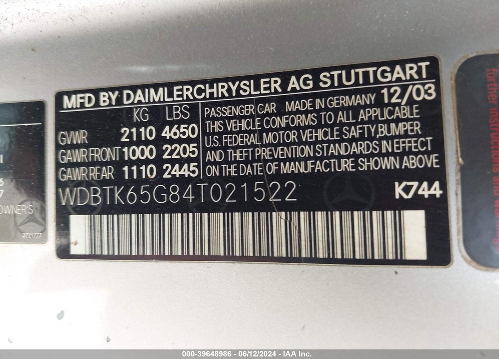 2004 MERCEDES-BENZ CLK 320 VIN: WDBTK65G84T021522