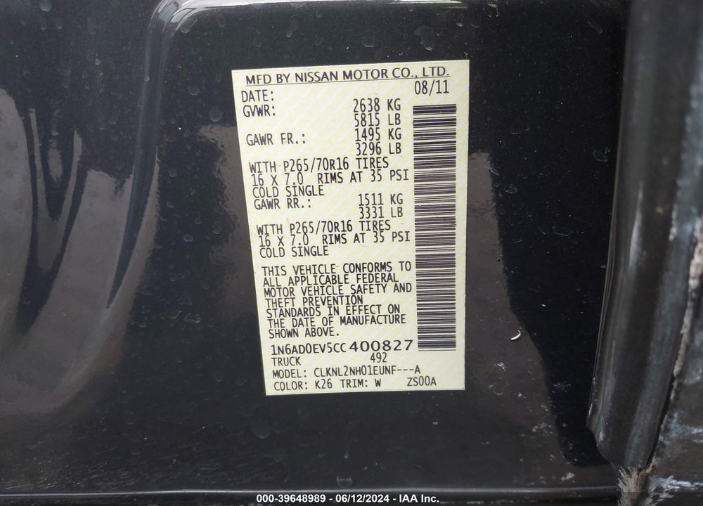 2012 NISSAN FRONTIER SV VIN: 1N6AD0EV5CC400827