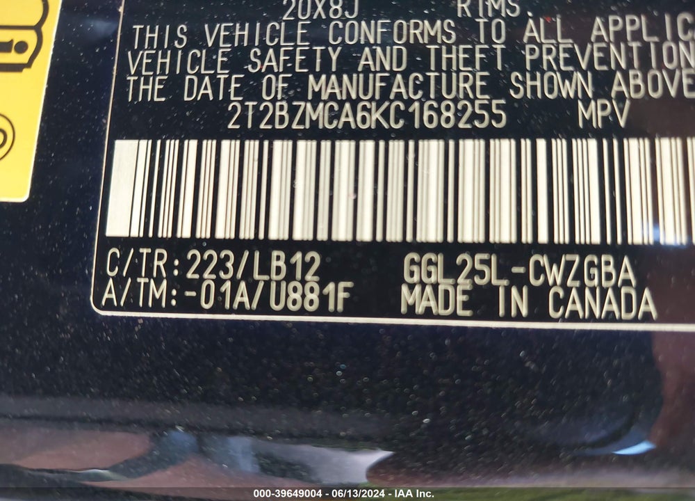 2019 LEXUS RX 350 VIN: 2T2BZMCA6KC168255